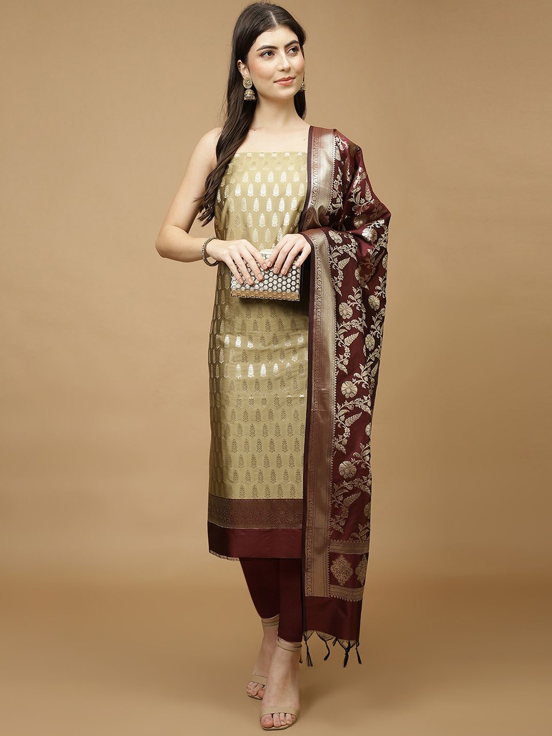 

Meena Bazaar Art Silk Unstitched Dress Material, Beige