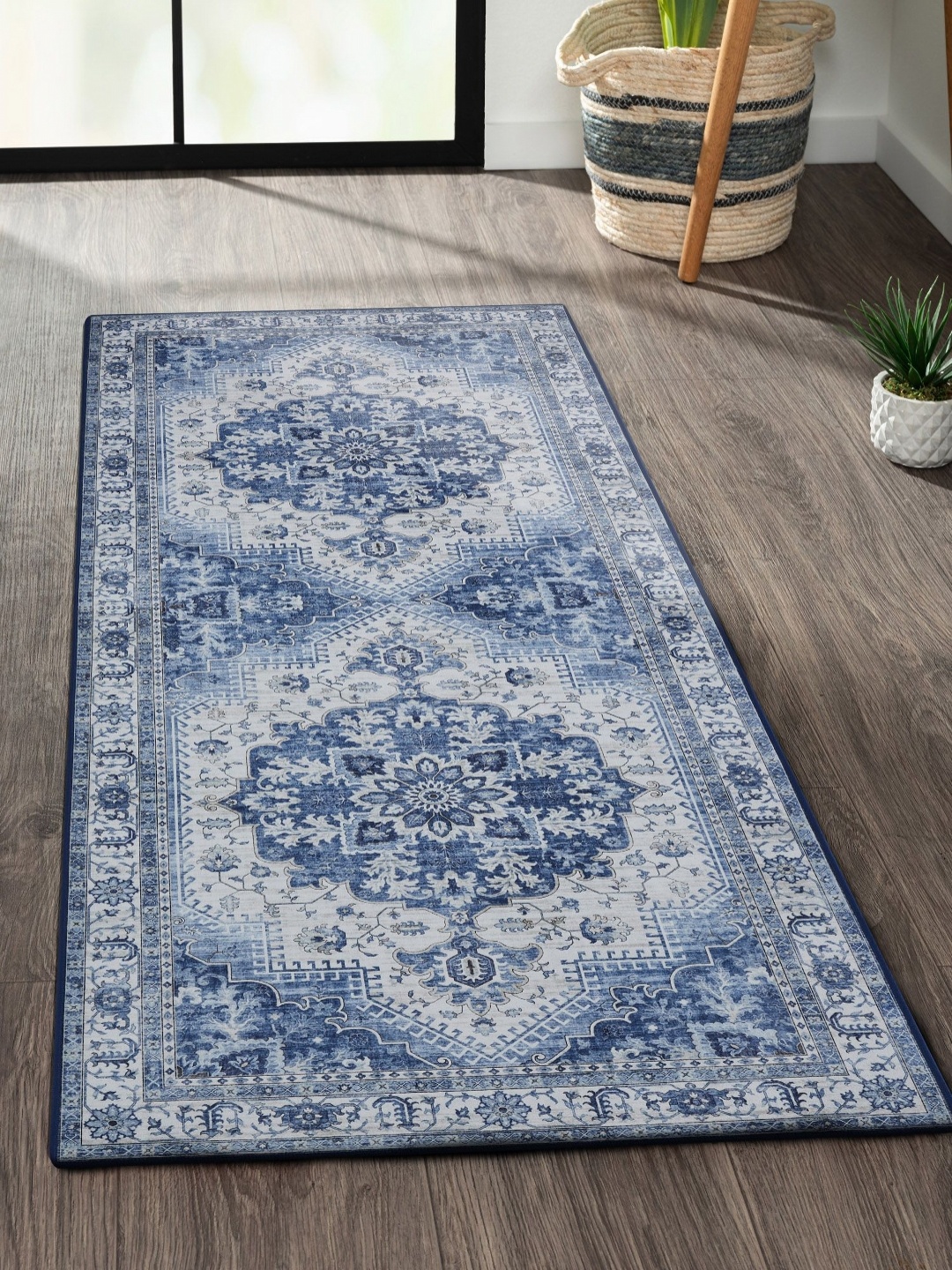 

OBSESSIONS Blue & Cream-Color Ethnic Motifs Rectangular Bedside Runners