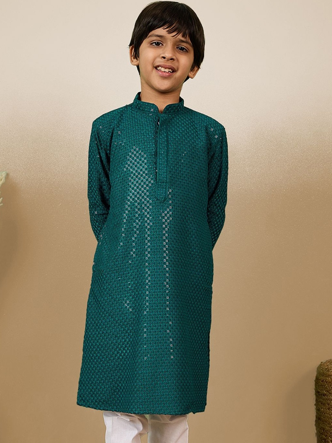 

Here&Now X Sanwara Boys Checked Sequinned Kurta, Green