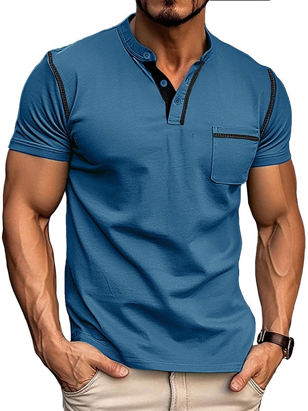 

StyleCast x Revolte Men Solid Henley Neck Cotton T-shirt, Blue