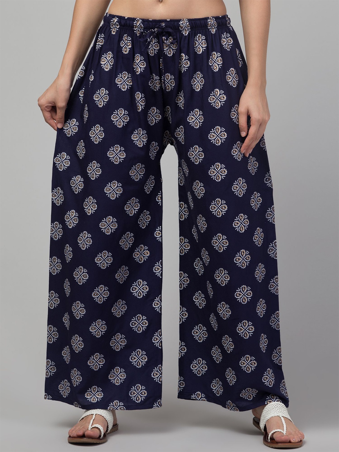 

FAMBEE Women Ethnic Motifs Printed Flared Knitted Palazzos, Navy blue