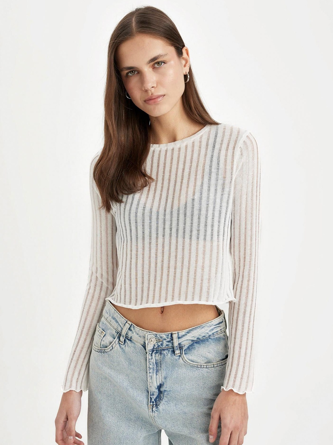 

DeFacto Women Striped Drop-Shoulder Sleeves Raw Edge T-shirt, Na