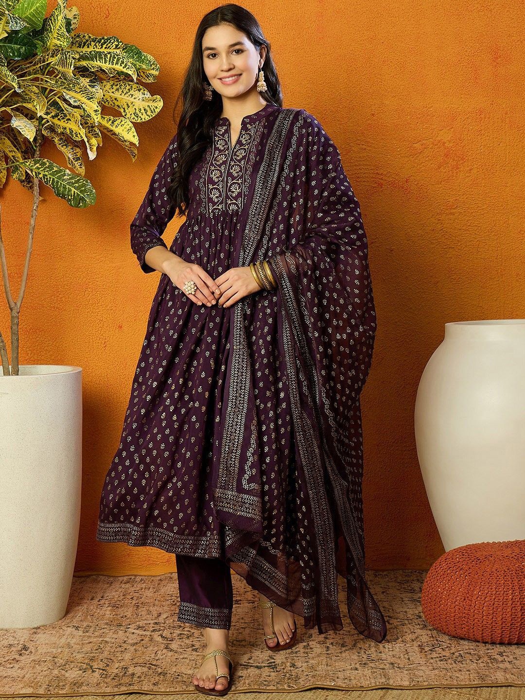 

AHIKA Purple Floral Woven Design Mandarin Collar Anarkali Kurta with Trousers & Dupatta