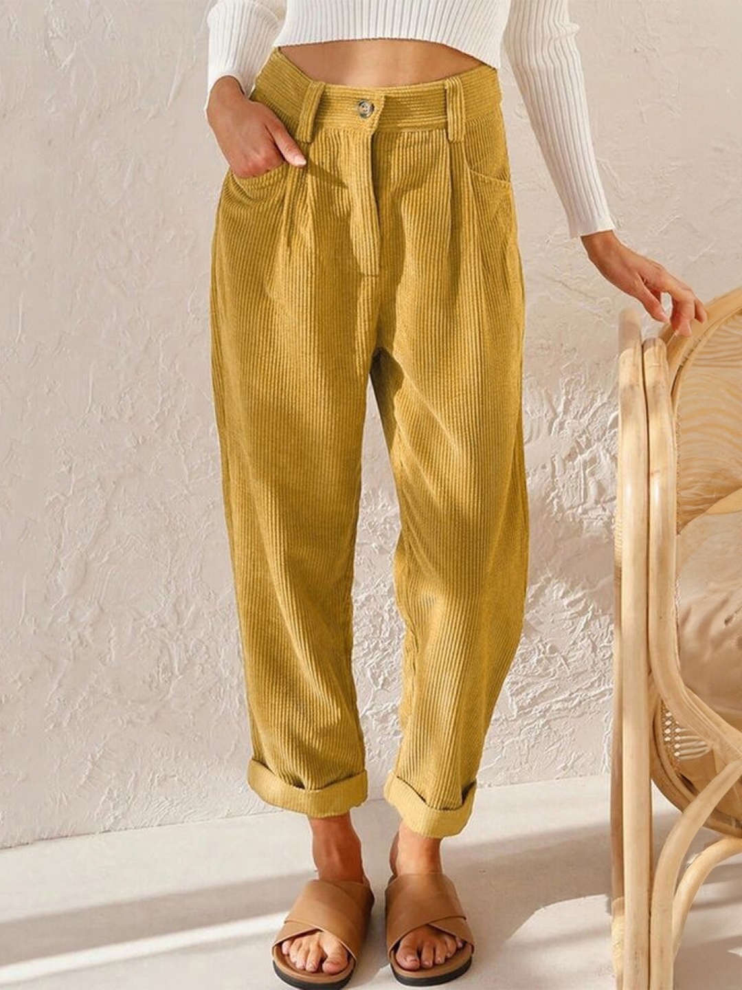 

KPOP Women Striped Regular Fit Original Trousers, Yellow