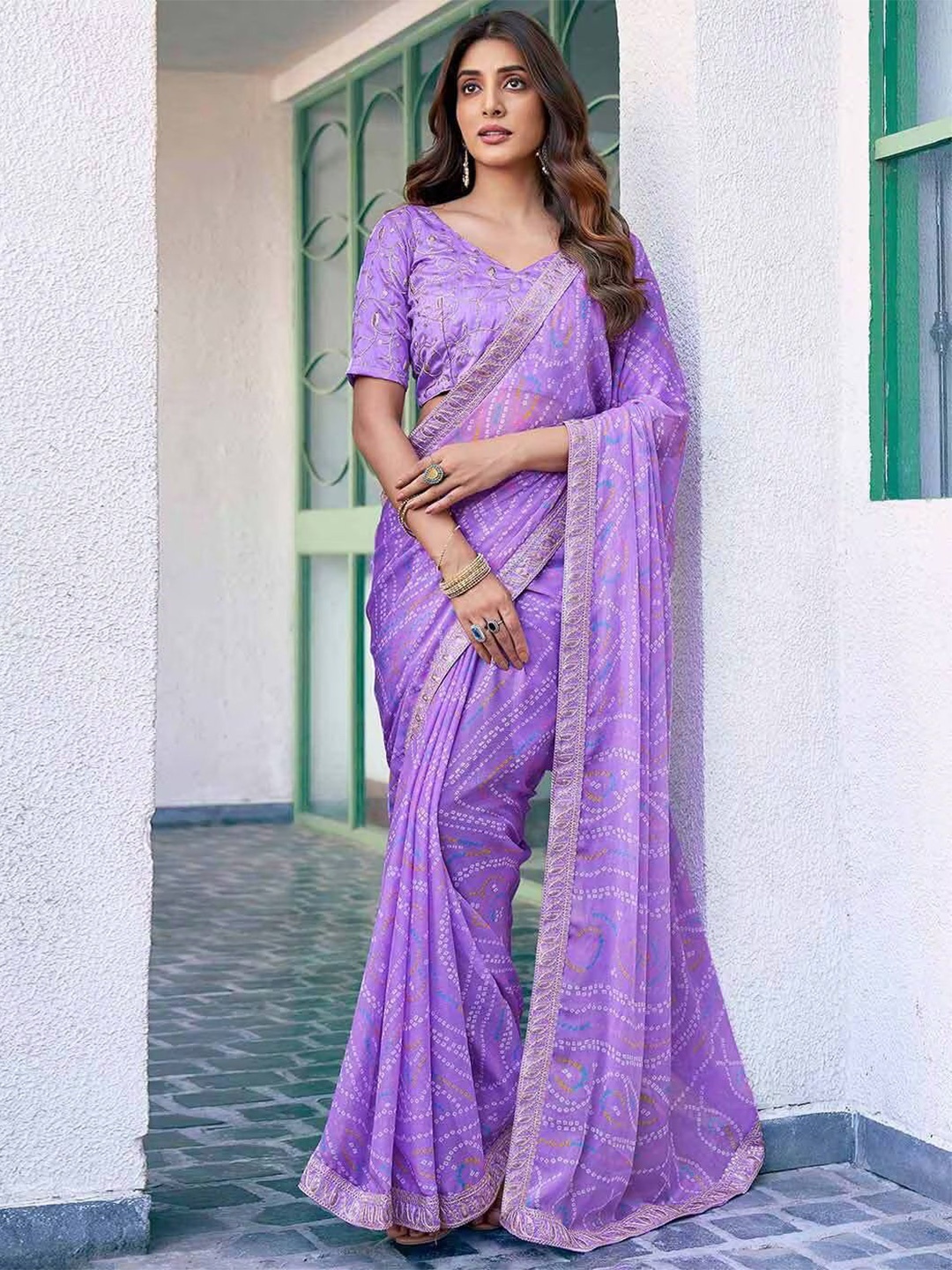 

Reboot Fashions Bandhani Embroidered Pure Georgette Bandhani Saree, Lavender