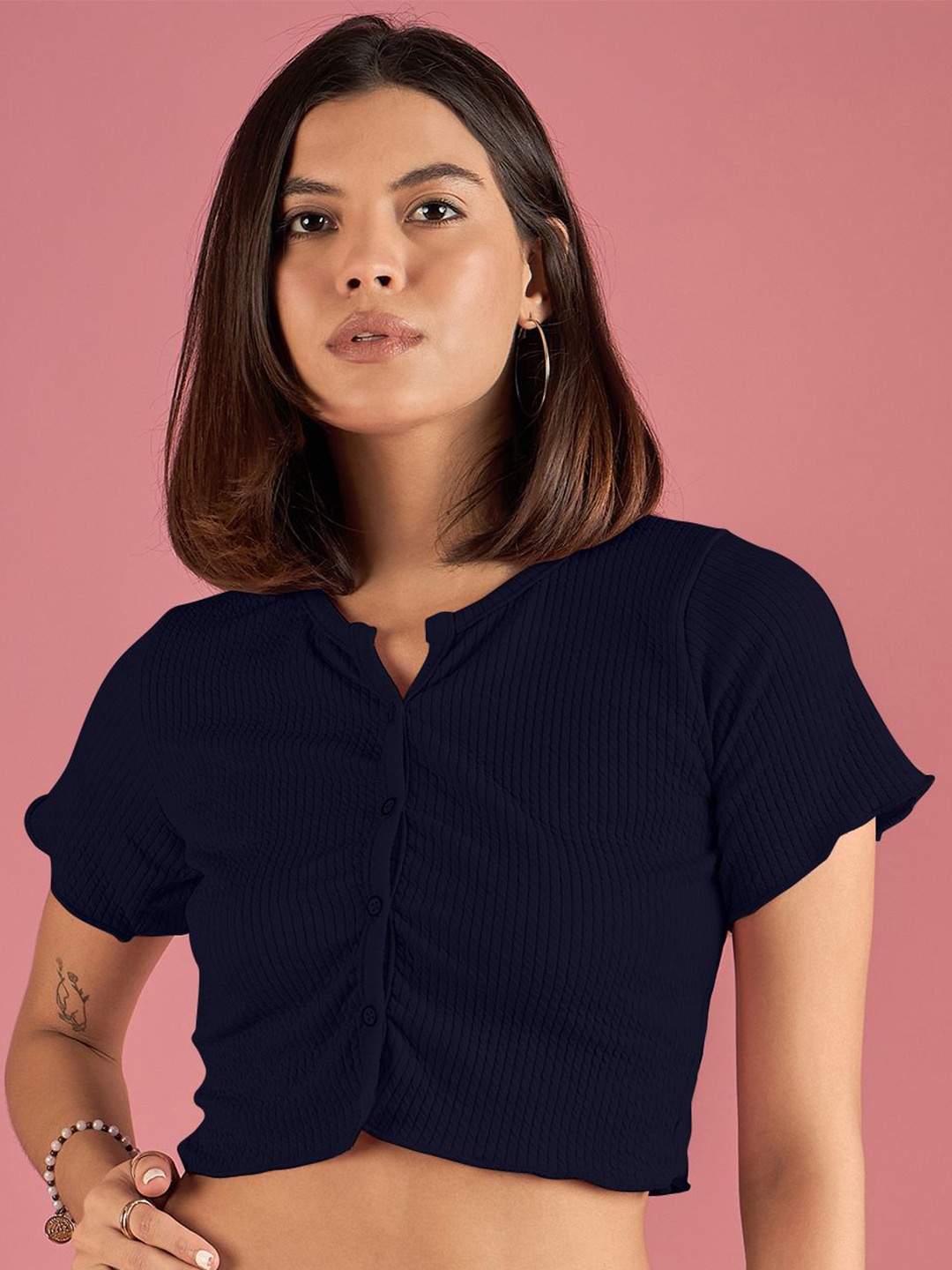 

DressBerry Women Self Design Mandarin Collar Top, Navy blue