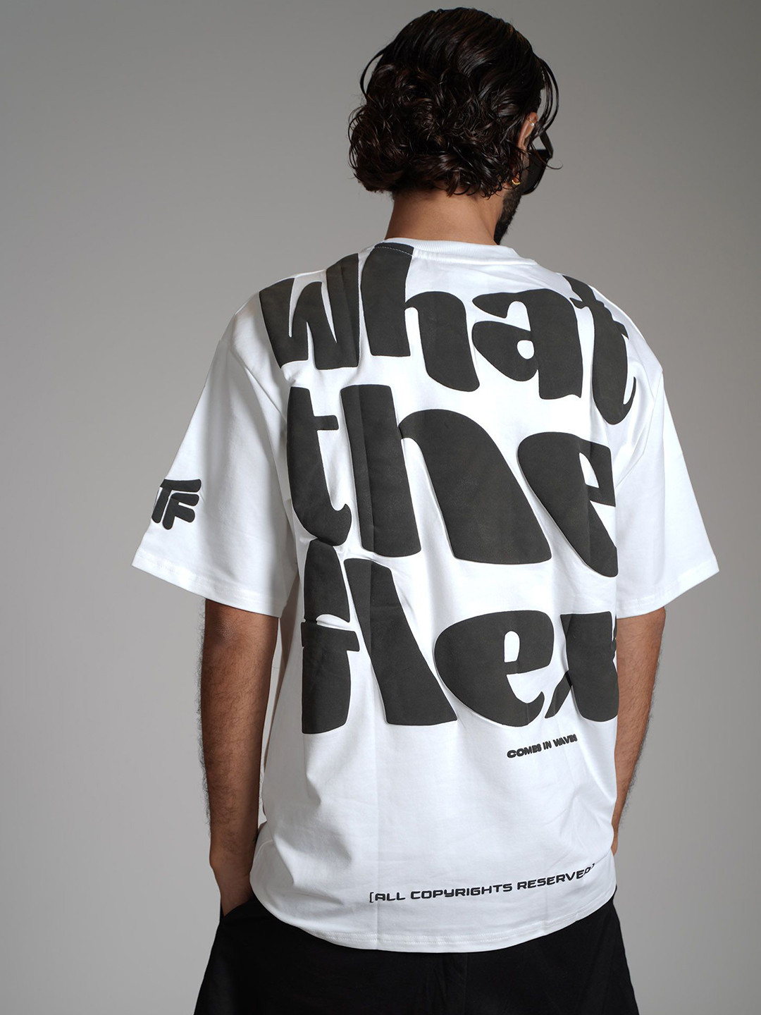 

WHAT THE FLEX Unisex Typography Printed Round Neck Cotton Oversized T-shirt, White