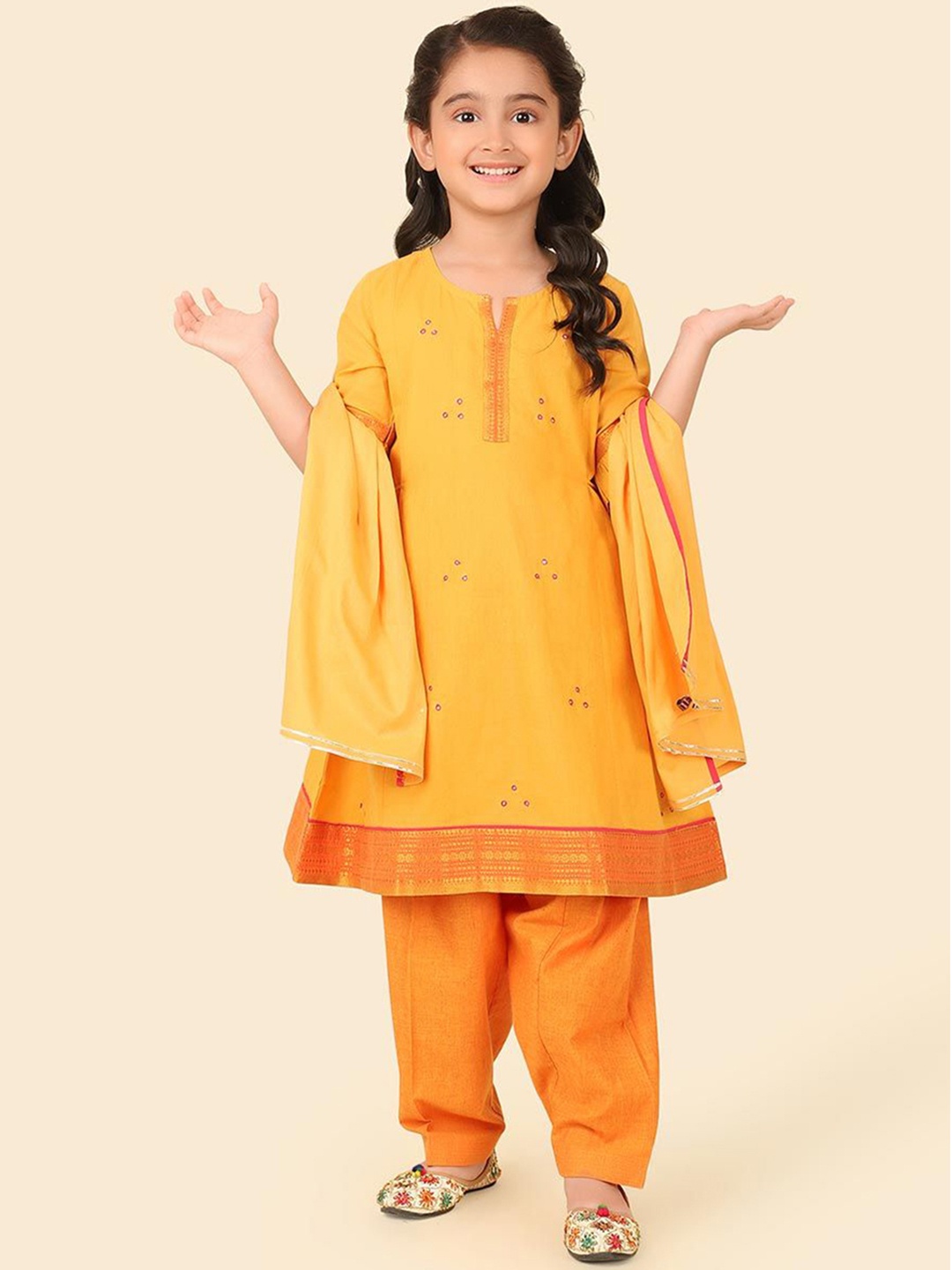 

Fabindia Girls Embroidered Notch Neck Bell Sleeves A-Line Kurta with Salwar & Dupatta, Yellow