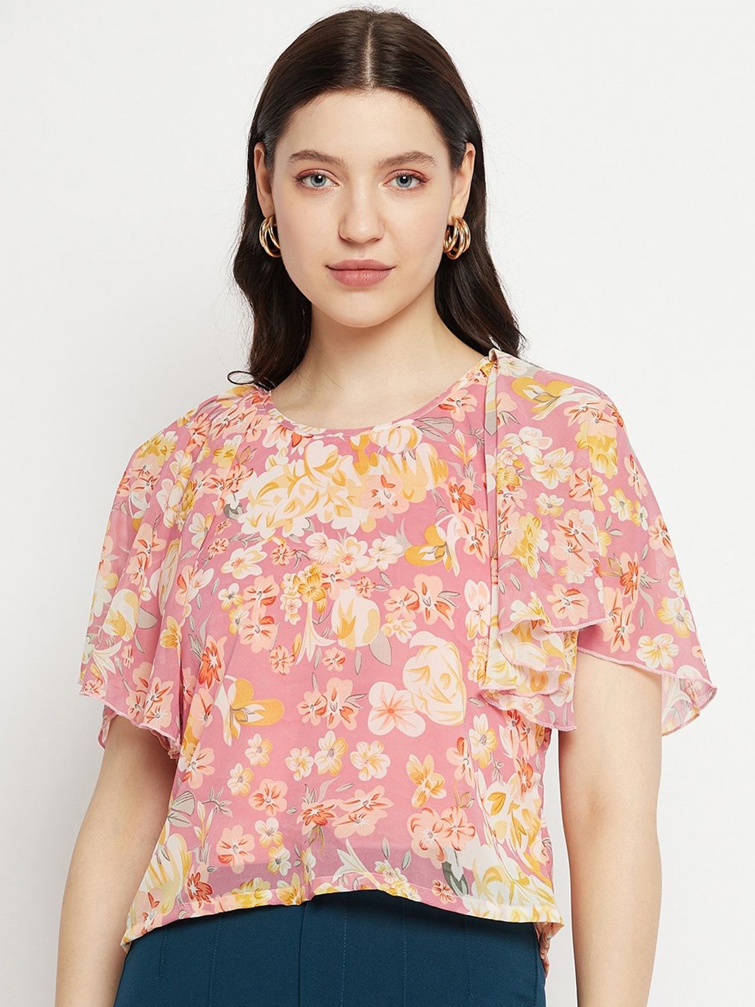 

Bitterlime Women Floral Printed Round Neck Top, Pink