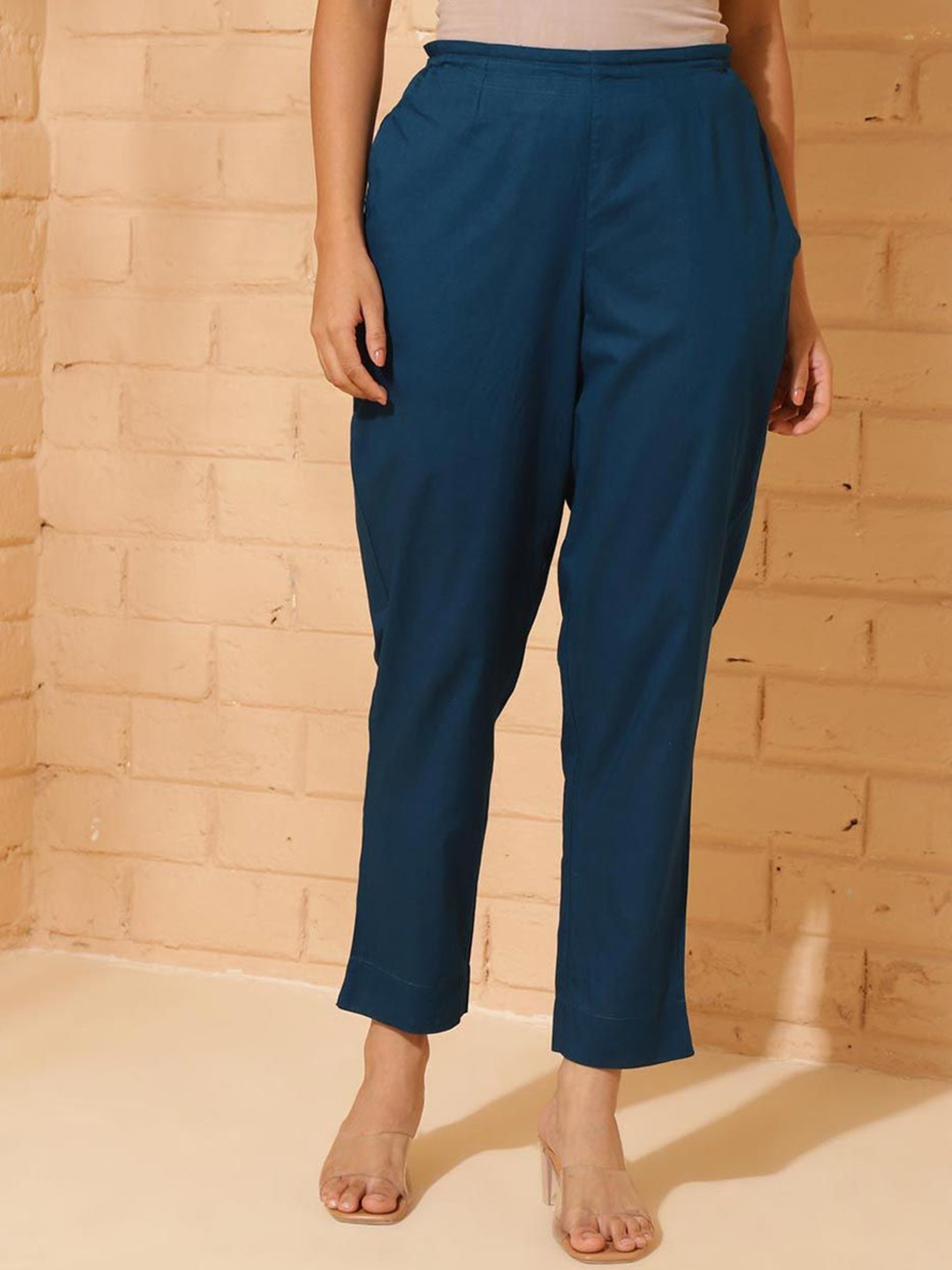 

Fabindia Women Solid Mid-Rise Regular Fit Trousers, Blue