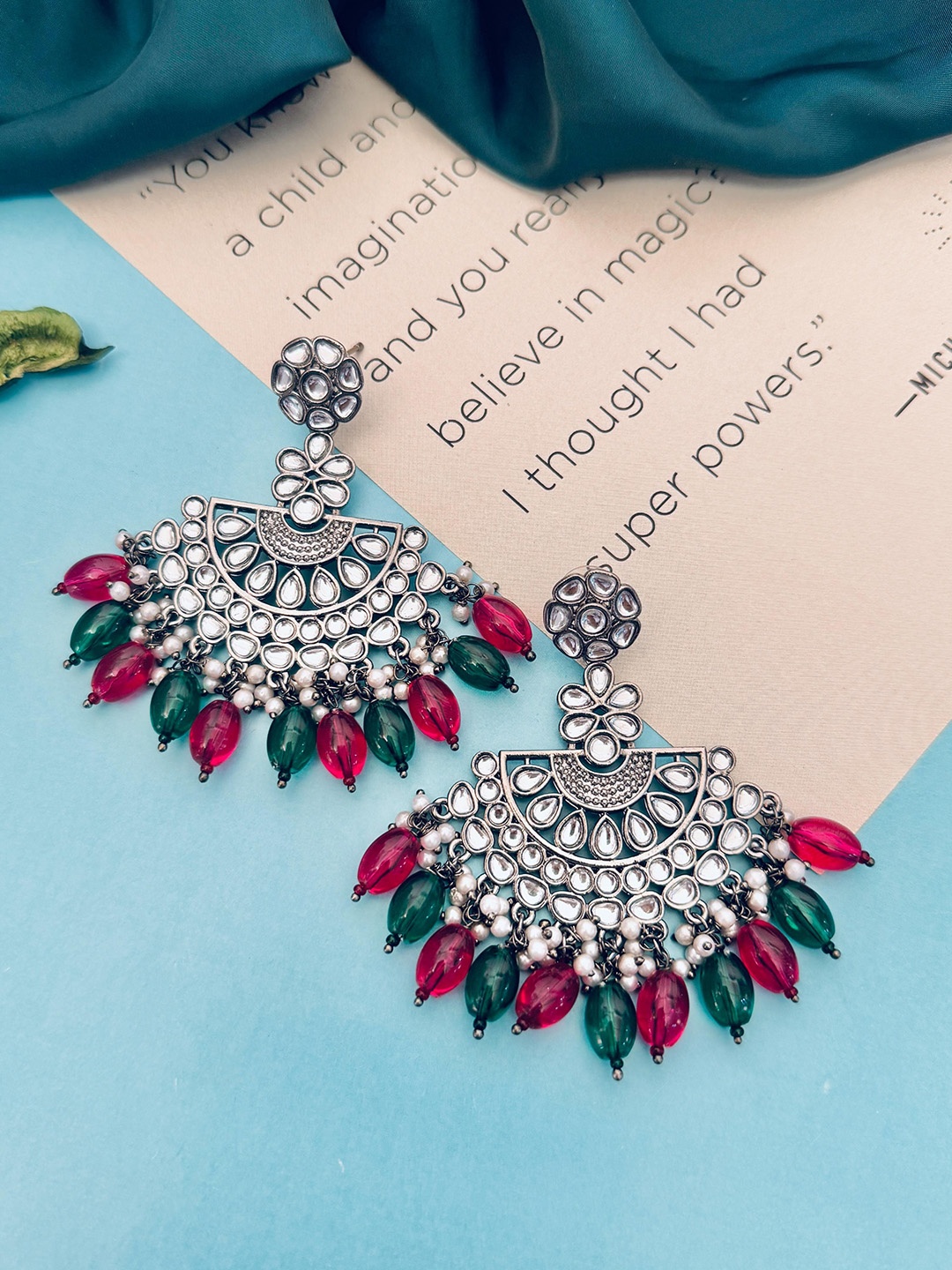 

Sangria Silver Plated Stones Studded & Beaded Drop Earrings