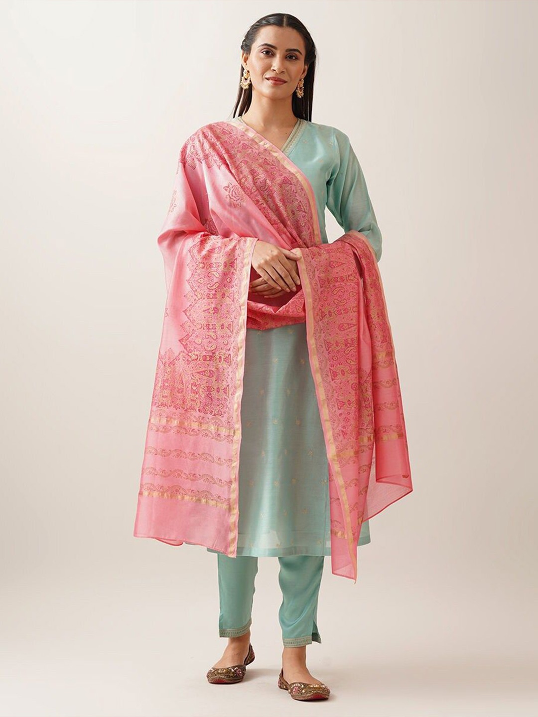 

JAYPORE Printed Cotton Silk Dupatta, Pink