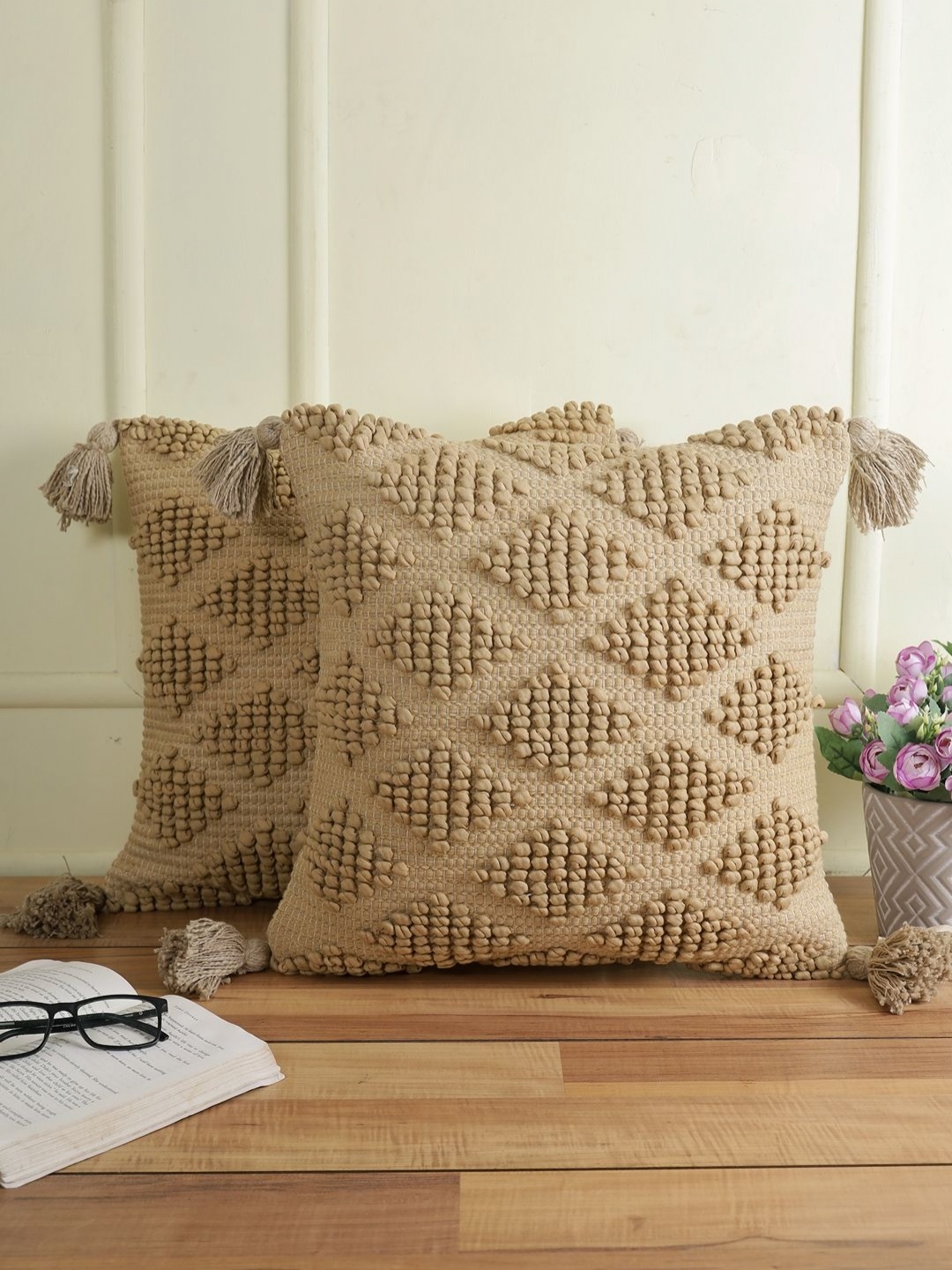 

eyda Beige 2 Pieces Embroidered Cotton Square Cushion Covers