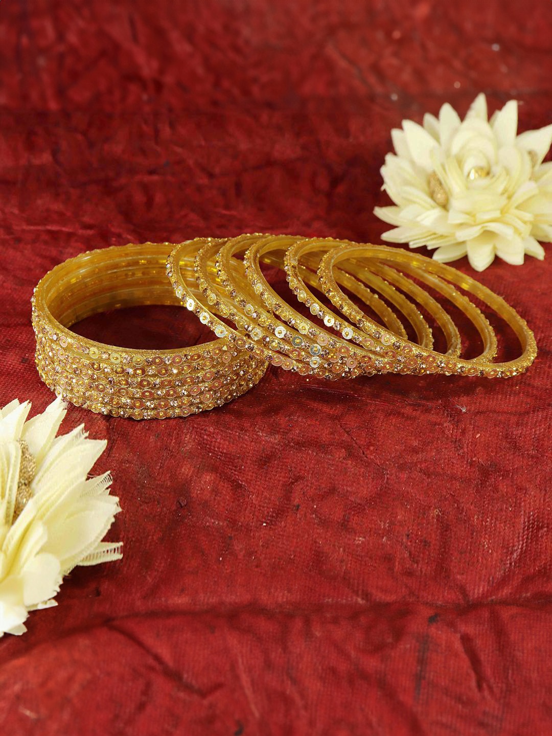 

ZULKA Set Of 12 Diamond Stone Studded & Sitara Beaded Glass Bangles, Gold