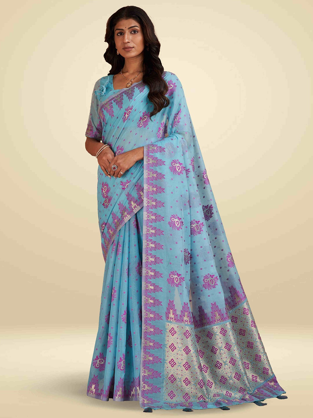 

SARHA Ethnic Motifs Printed Pure Cotton Saree, Blue