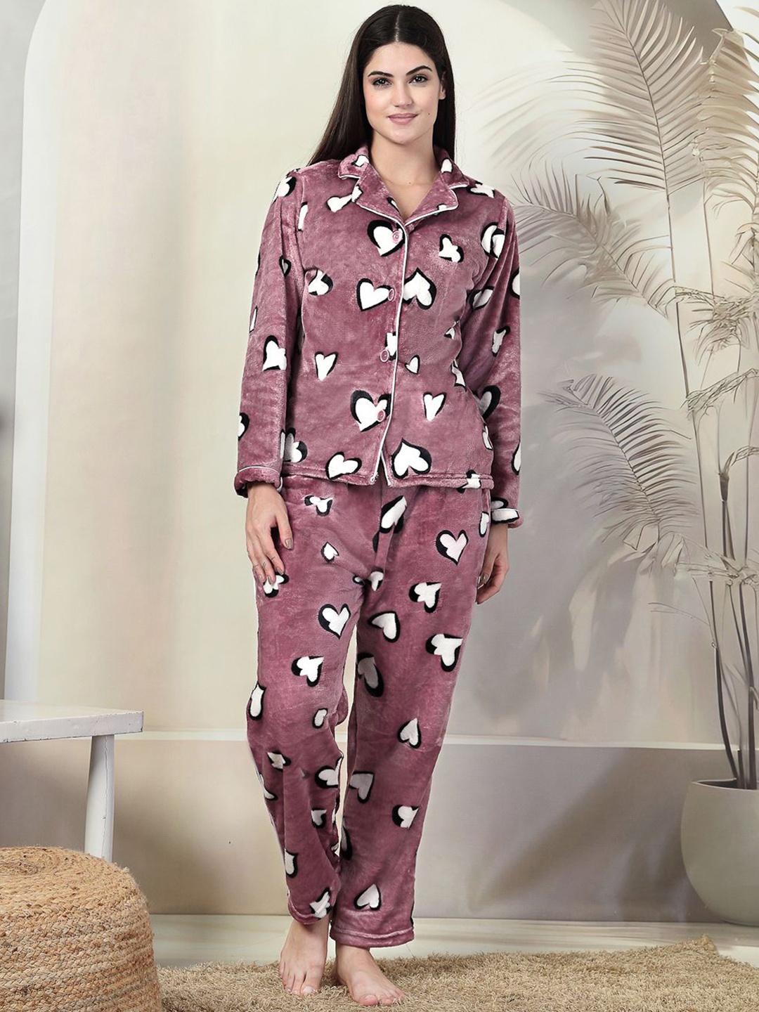

FABINALIV Abstract Lapel Collar Winter Night Suit with Button Closure, Purple
