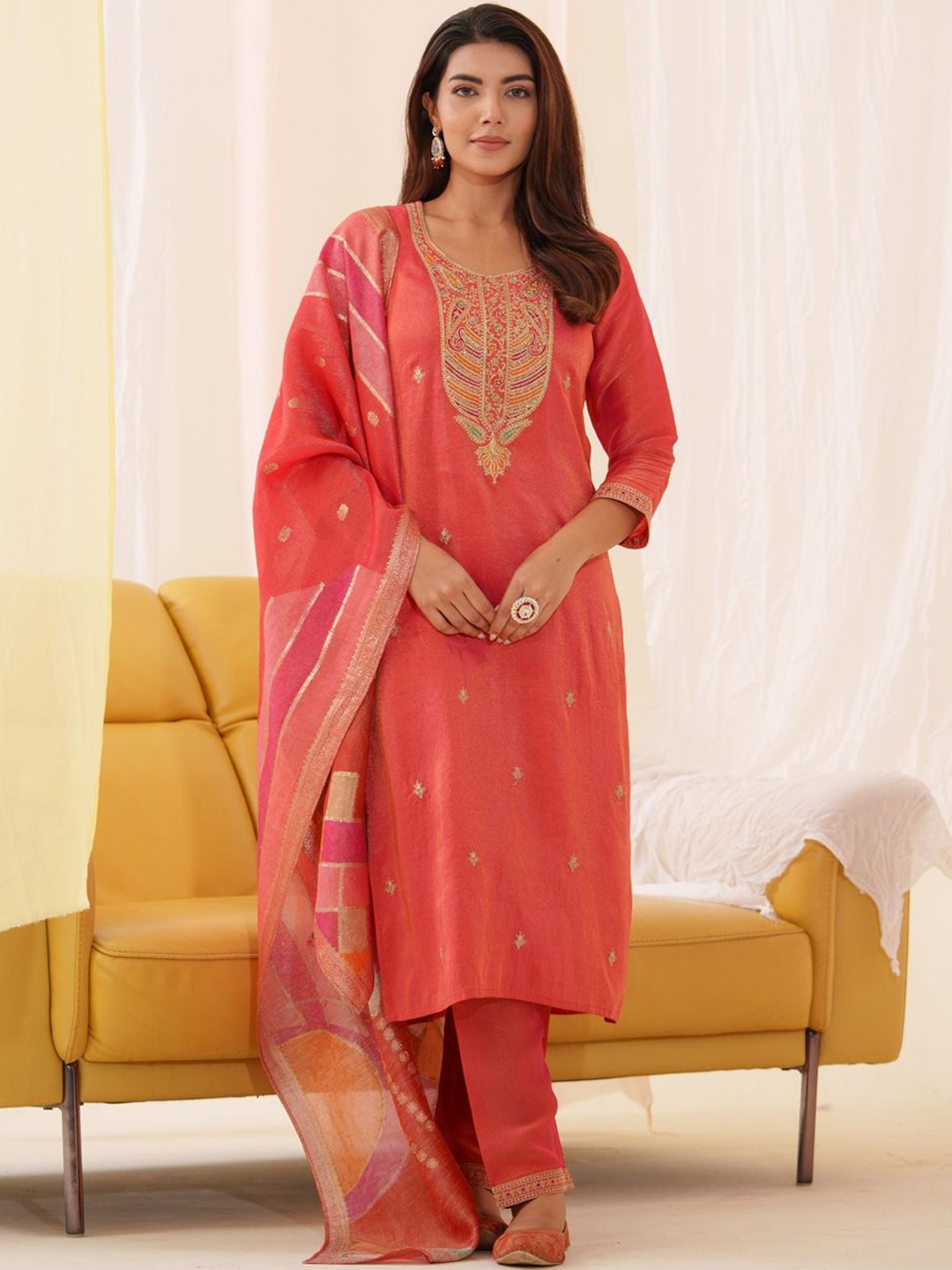 

House of Pataudi Floral Embroidered Organza Straight Kurta With Trousers & Dupatta, Orange