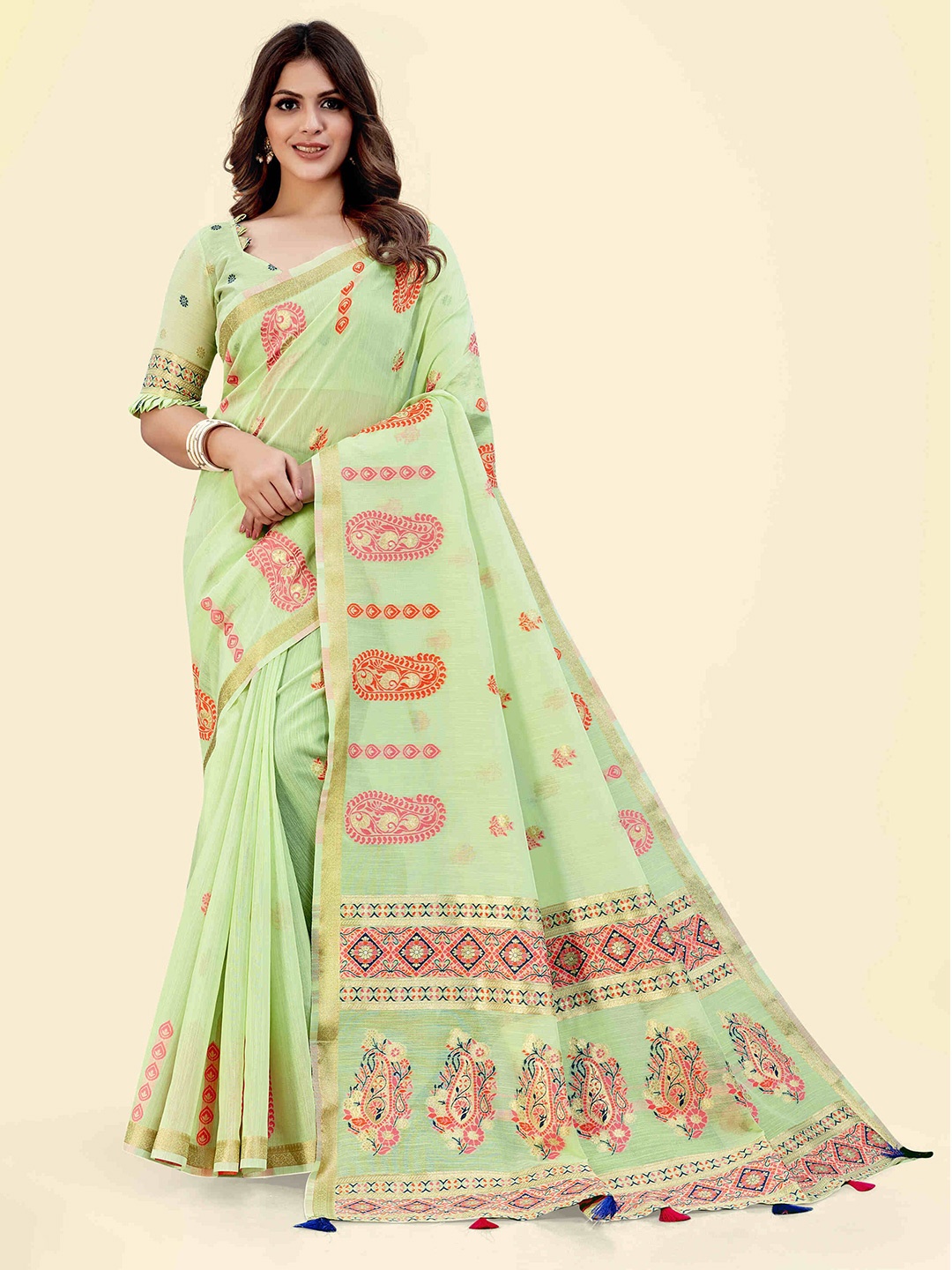 

SARHA Woven Design Zari Pure Cotton Saree, Green