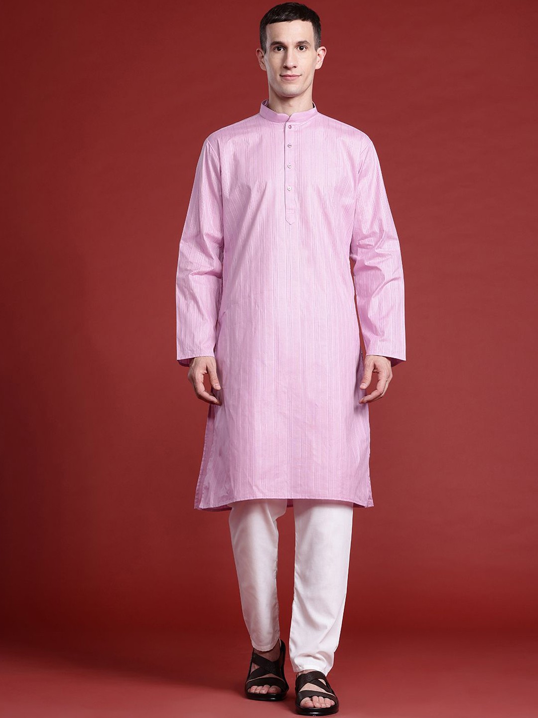 

MANQ Striped Mandarin Collar Pure Cotton Straight Kurta, Mauve