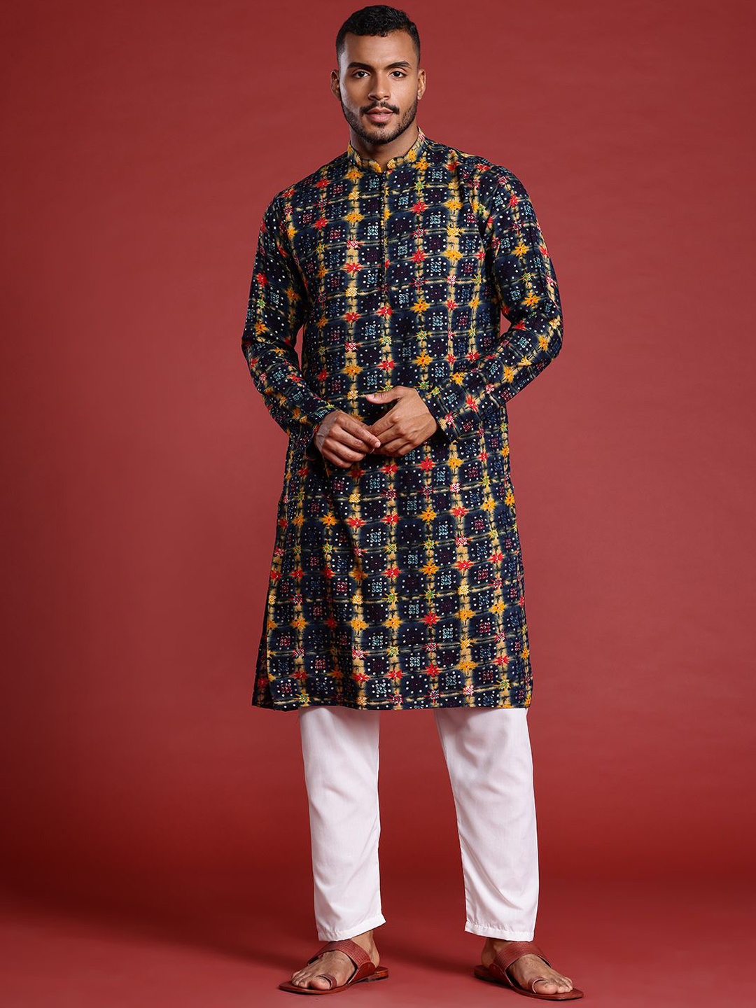 

MANQ Bandhani Printed Mandarin Collar Pure Cotton Straight Kurta, Navy blue