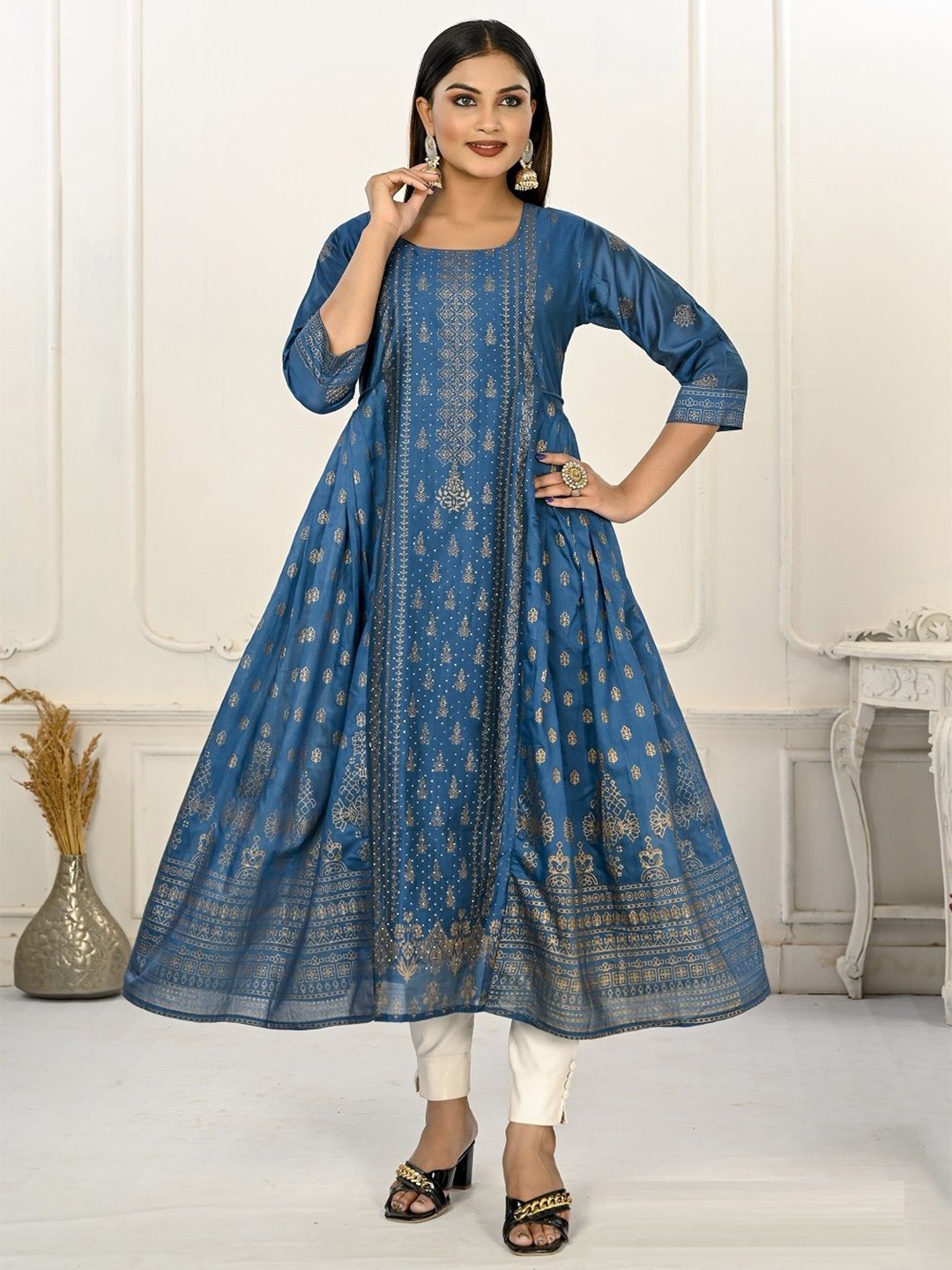 

JIVORA Women Silk Ethnic Motifs Printed Flared Kurta, Blue