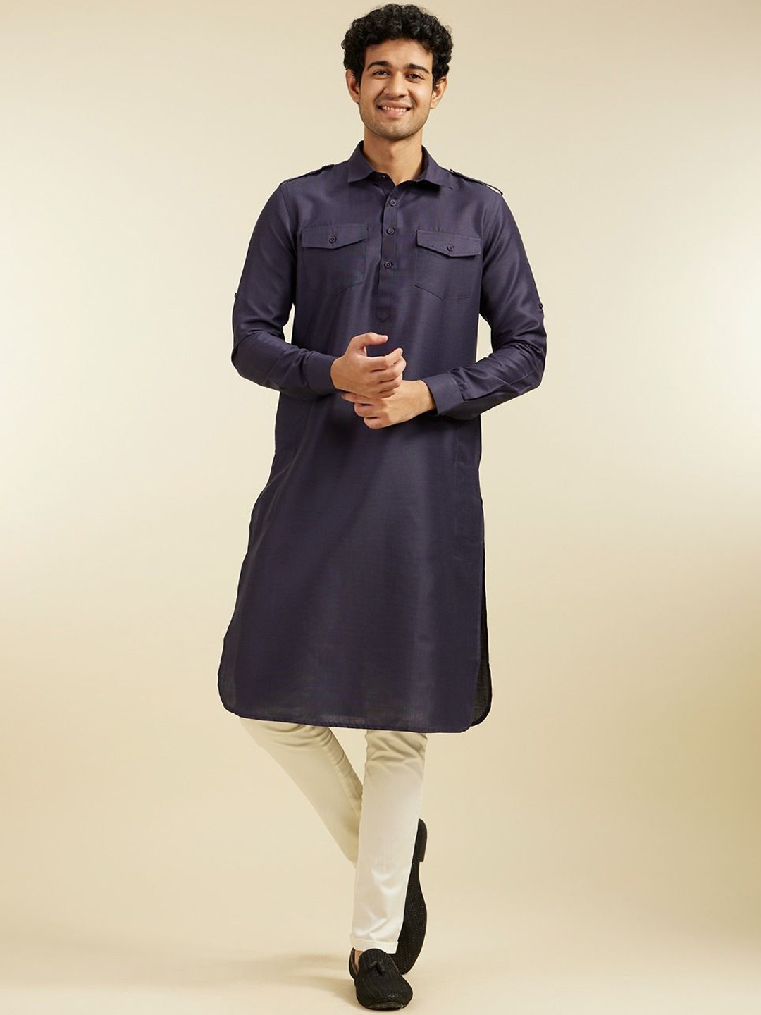 

Diwas by Manyavar Shirt Collar Pathani Kurta, Navy blue