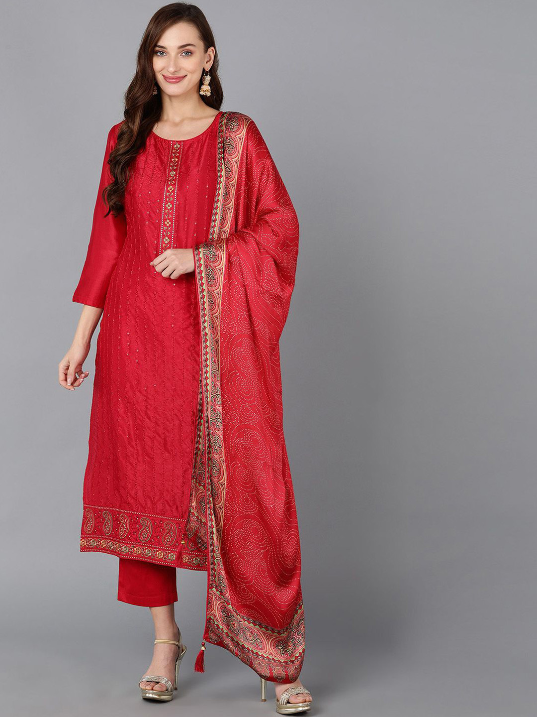 

AHIKA Floral Embroidered Regular Sequinned Straight Kurta with Trousers & Dupatta, Maroon