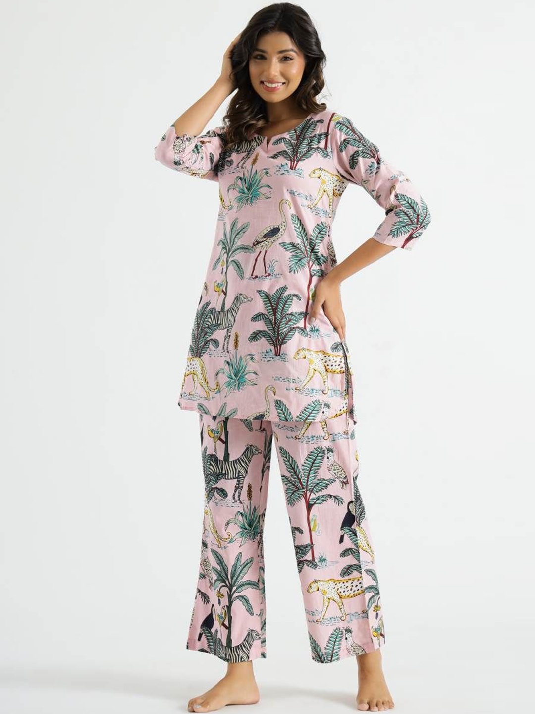 

FLAVIA CREATION Tropical Printed Pure Cotton Top & Trousers, Pink