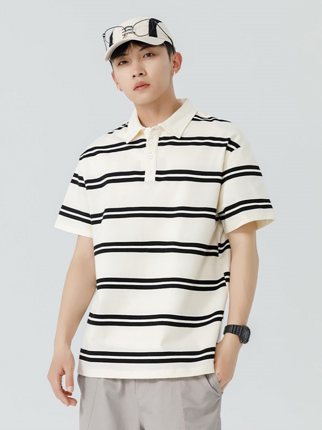 

StyleCast x Revolte Men Striped Polo Collar Cotton T-shirt, Off white