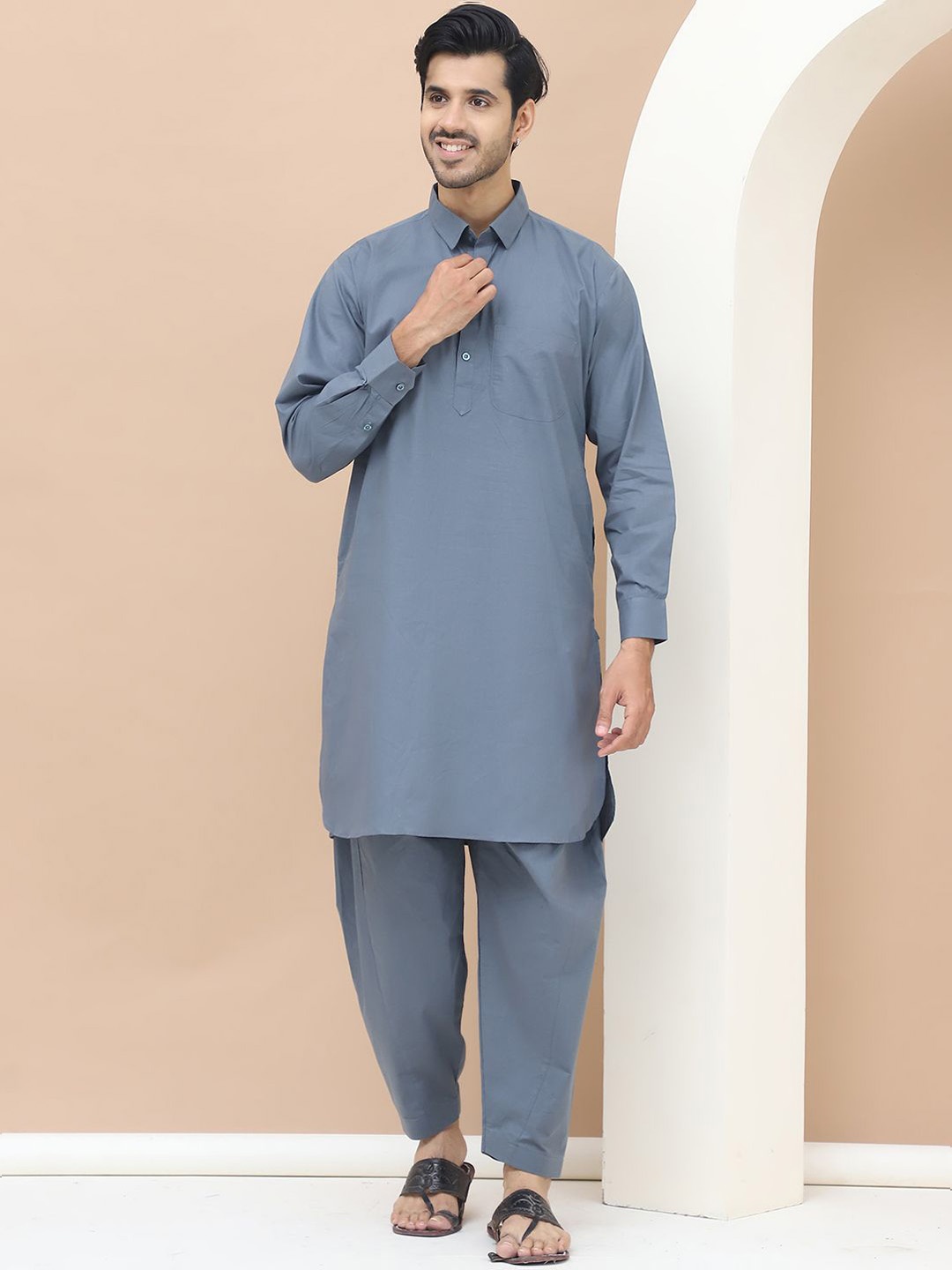 

TAG 7 Shirt Collar Long Sleeves Pure Cotton Pathani Kurta with Salwar, Grey
