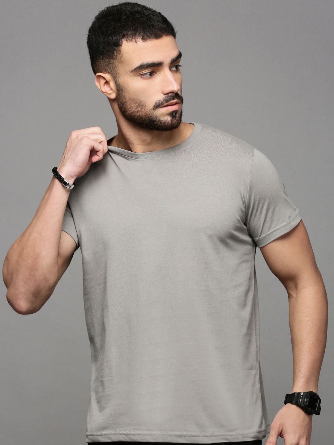 

Mast & Harbour Men Solid Round Neck Pure Cotton T-shirt, Steel