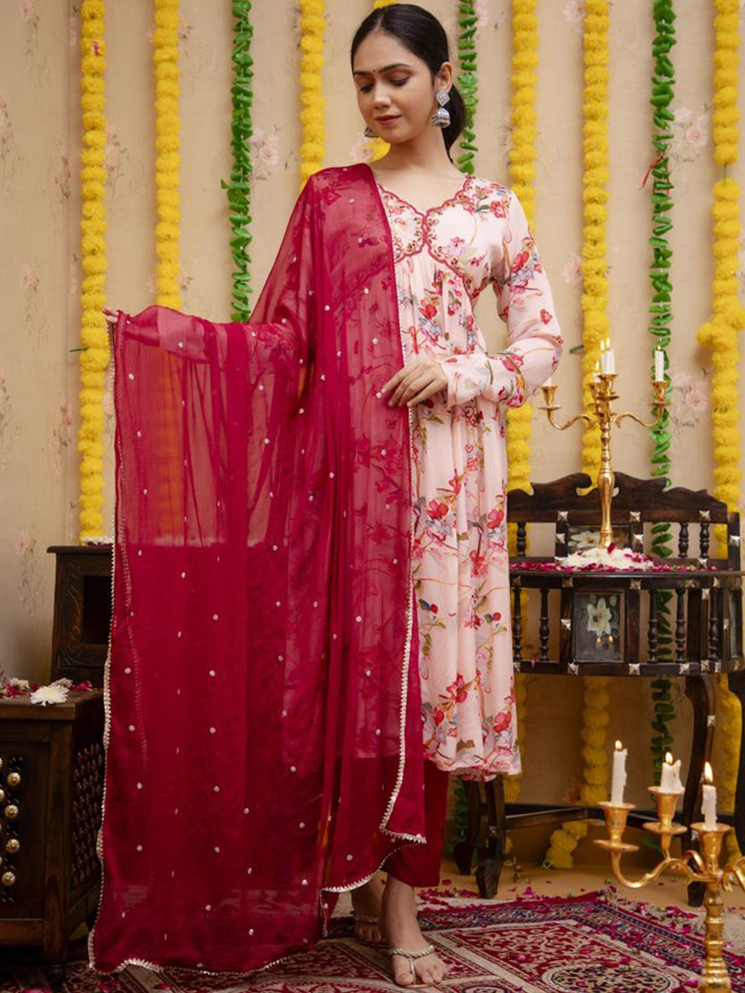 

VASVI Floral Embroidered Regular Beads and Stones A-Line Kurta with Trousers & Dupatta, Peach