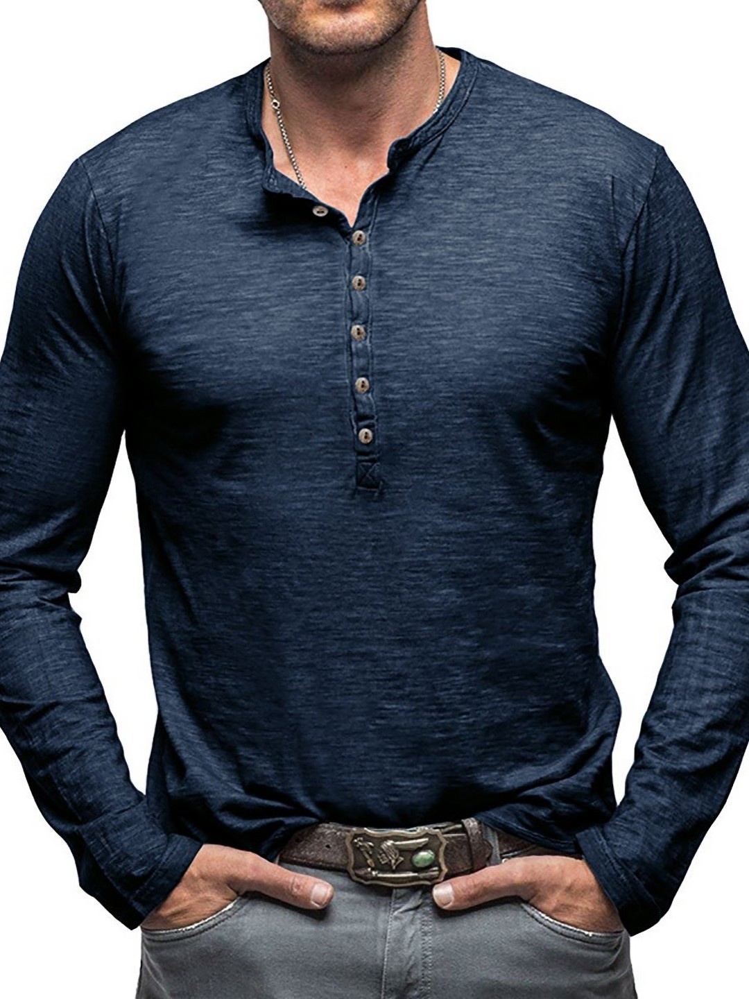 

StyleCast x Revolte Men Solid Henley Neck T-shirt, Navy blue
