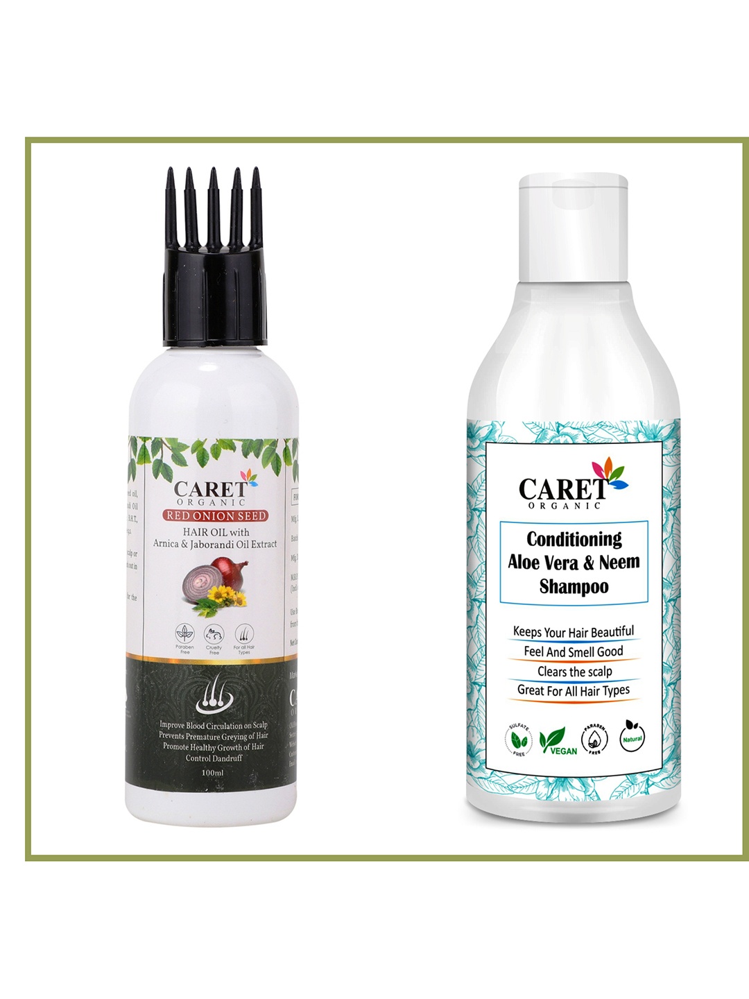 

CARET ORGANIC Aloevera & Neem Shampoo & Red Onion Seed Hair Oil Combo-100ml Each, White