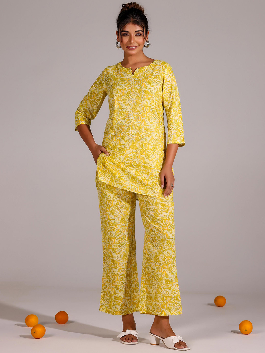 

FLAVIA CREATION Printed Pure Cotton Tunic & Trousers, Yellow