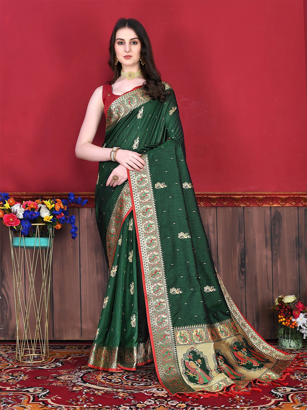 

Zeekha Woven Design Zari Pure Silk Kanjeevaram Saree, Green