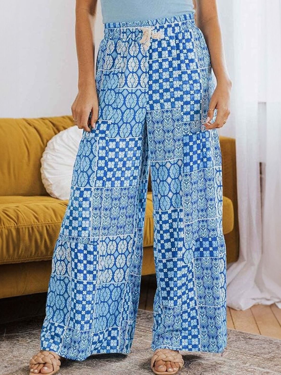 

KPOP Women Ethnic Motifs Printed Relaxed Loose Fit Trousers, Blue