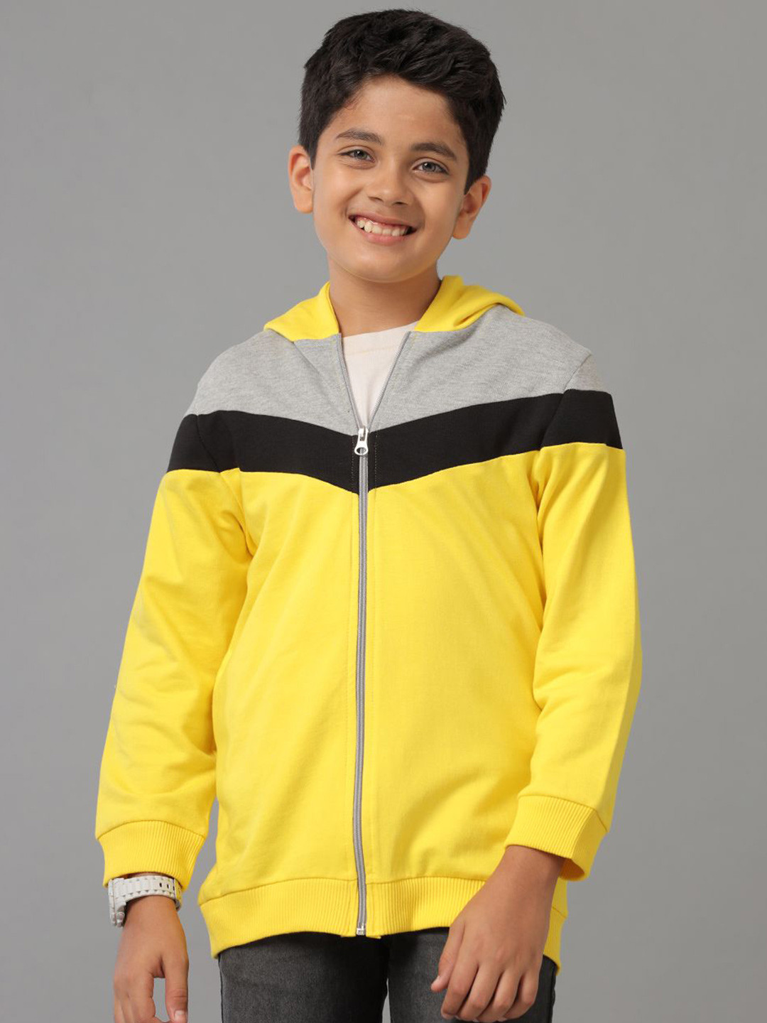 

UNDER FOURTEEN ONLY Boys Colourblocked Hood Cotton Front-Open Sweatshirt, Yellow