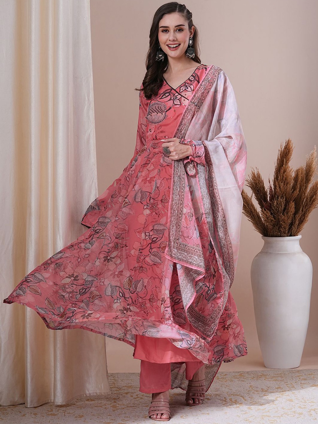 

FASHOR Pink Floral Printed Beads and Stones Organza Anarkali Kurta with Trousers & Dupatta