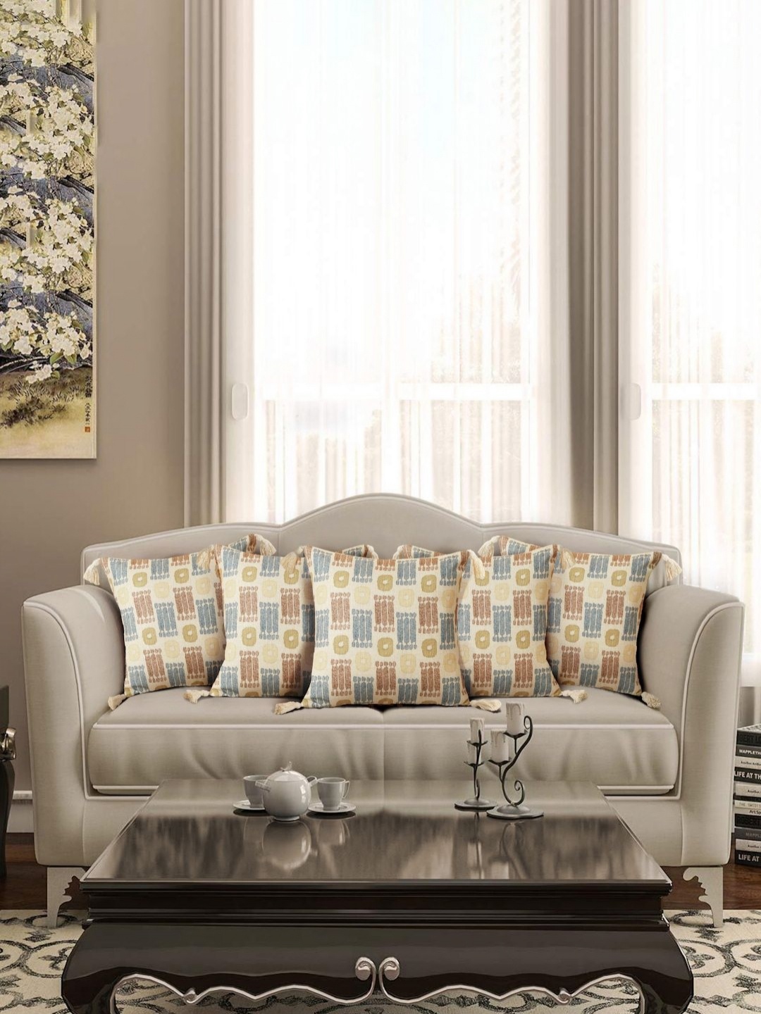

eyda Beige & Brown 5 Pieces Printed Cushion Covers