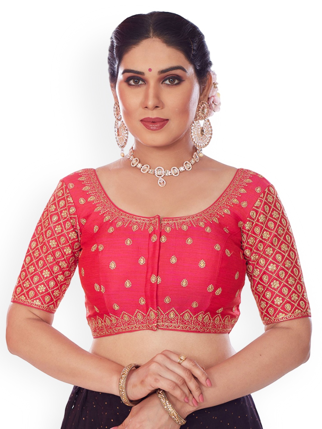 

Mmore Embroidered Silk Saree Blouse, Pink