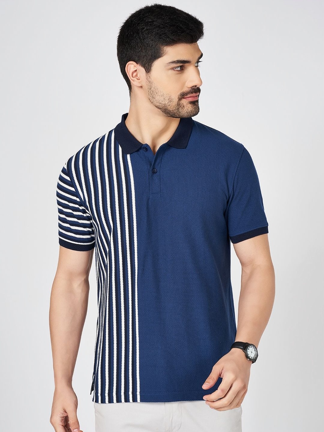 

BYFORD by Pantaloons Men Striped Polo Collar Cotton Slim Fit T-shirt, Navy blue