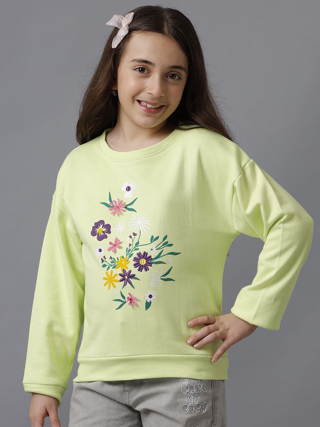 

UNDER FOURTEEN ONLY Girls Floral Printed Round Neck Cotton Pullover Sweatshirt, Lime green