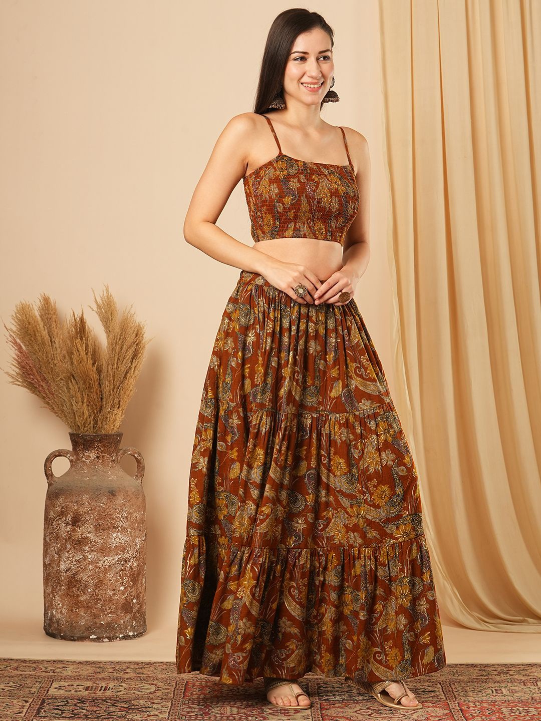 

Globus Floral Printed Strappy Shoulder Smocked Crop Top & Tiered Skirt Fusion Co-Ord Set, Mustard