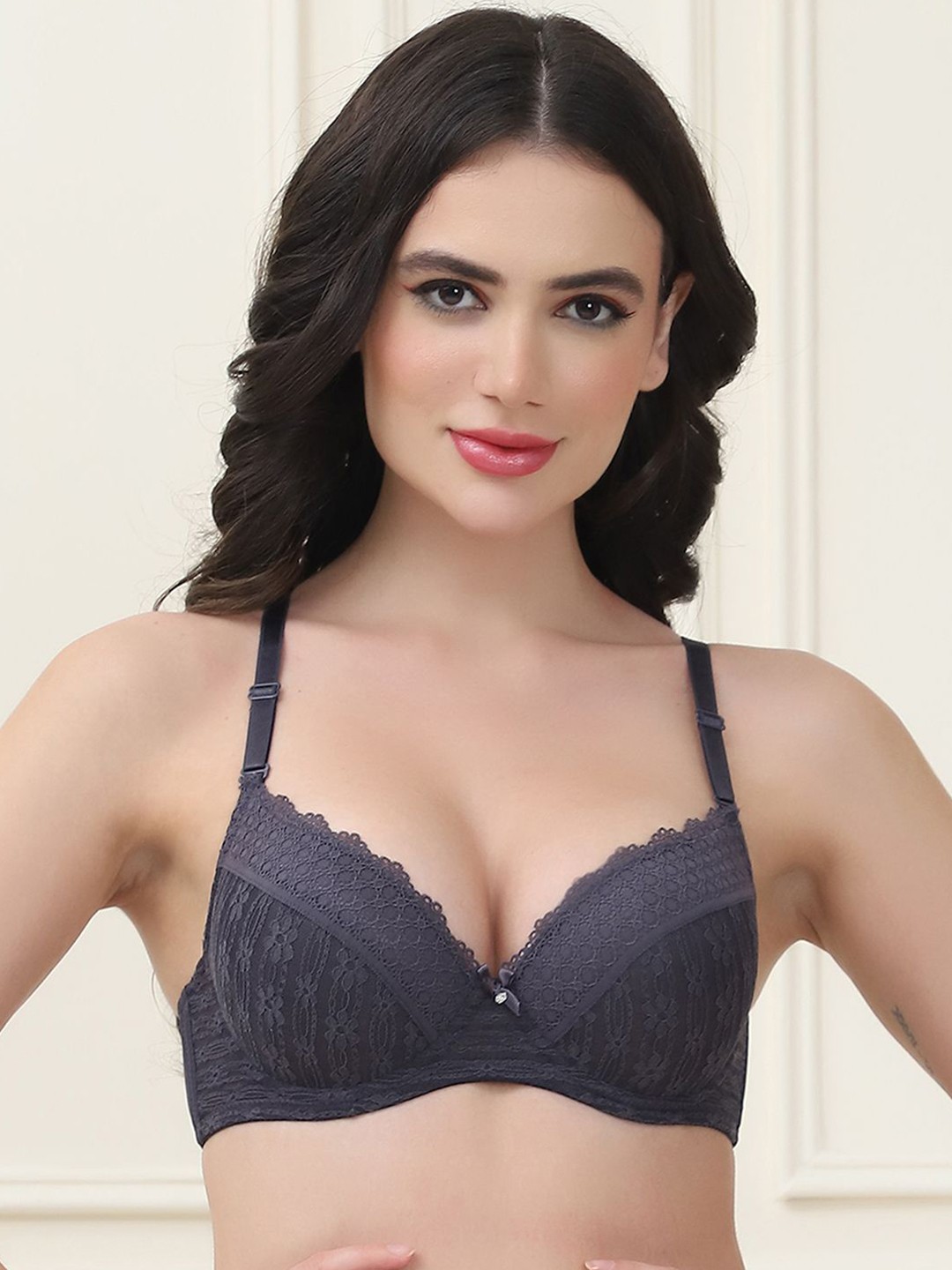 

PrettyCat Women Floral Medium Coverage Underwired Lightly Padded Bra, Grey