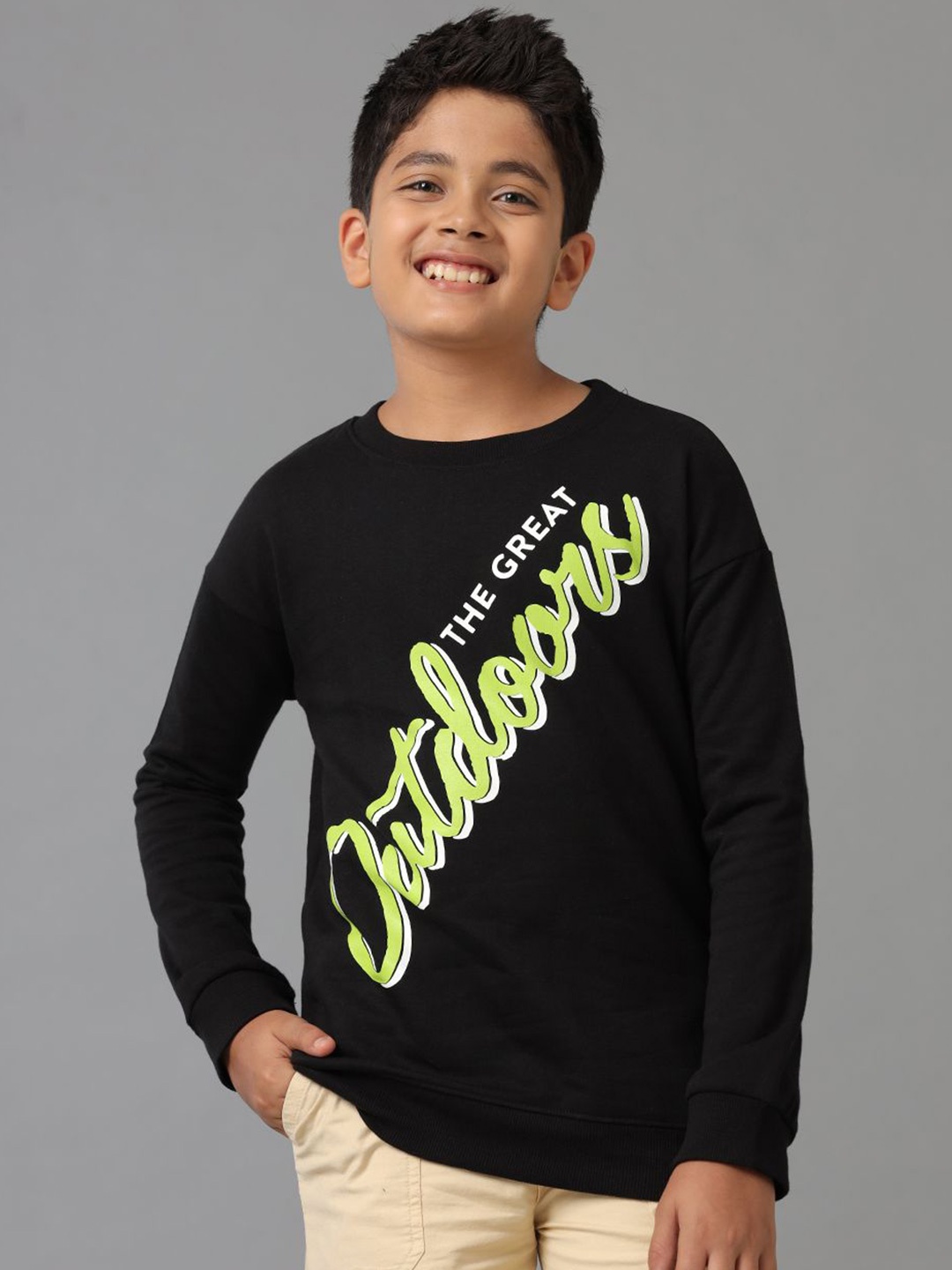 

UNDER FOURTEEN ONLY Boys Typography Printed Round Neck Cotton Pullover Sweatshirt, Black