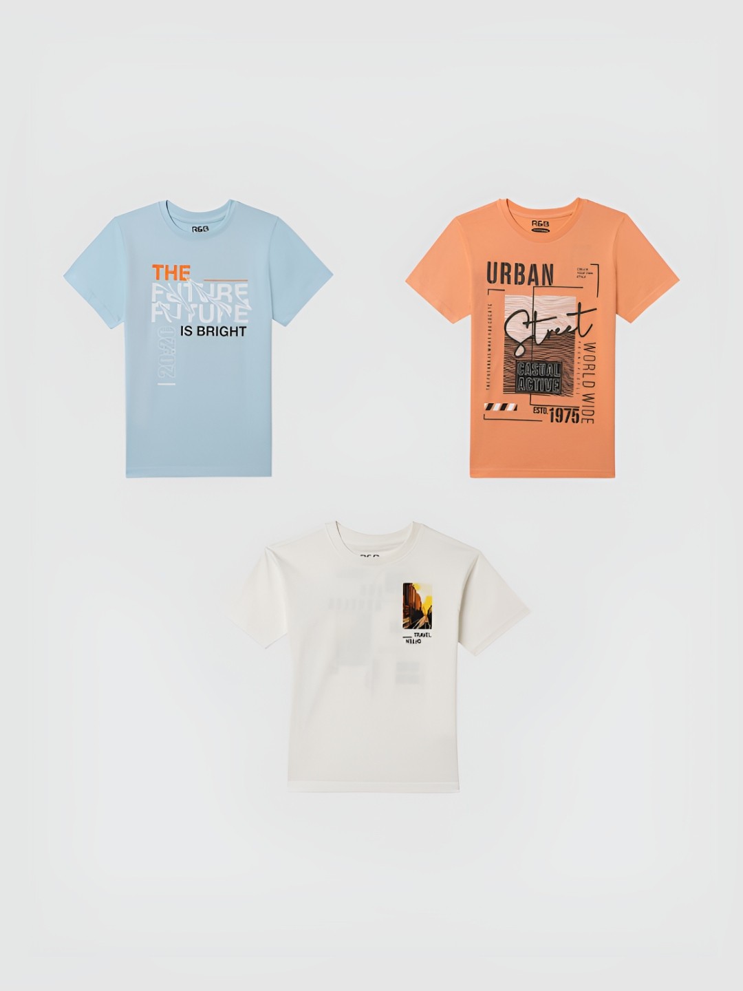 

R&B Boys Pack Of 3 Graphic Printed Round Neck Cotton T-shirts, Blue