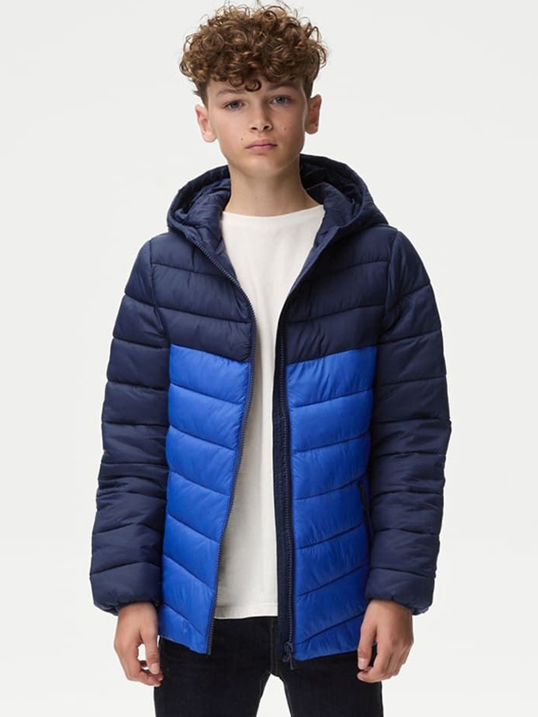 

Marks & Spencer Boys Colourblocked Lightweight Longline Puffer Jacket, Blue