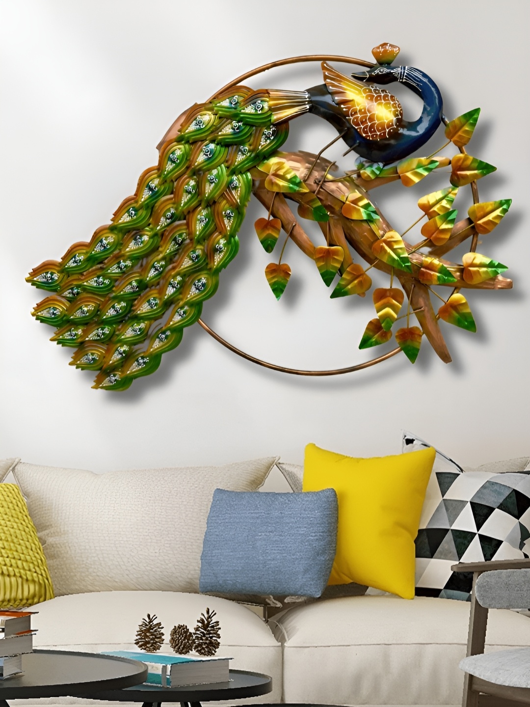 

PRANJALS HOUSE Green & Gold Toned Peacock Metal Wall Decor
