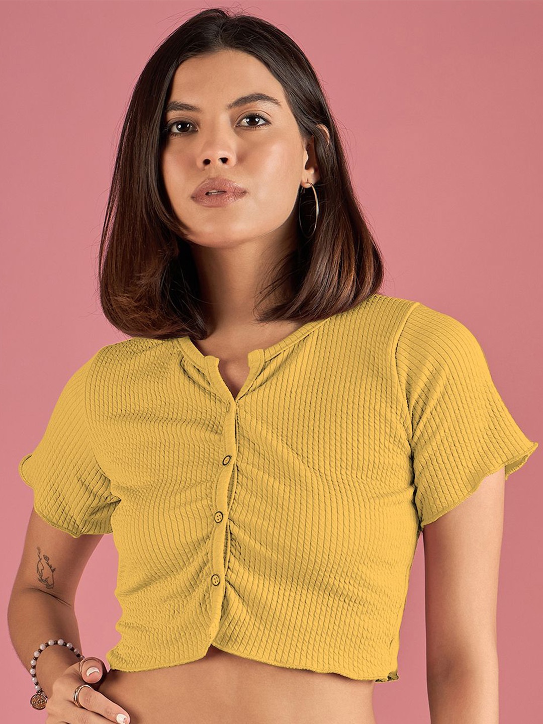 

DressBerry Women Self Design Mandarin Collar Top, Yellow